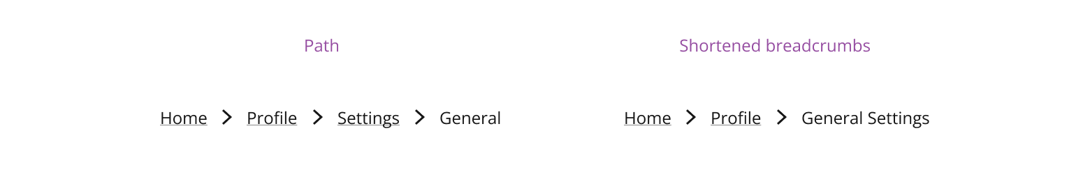 Example of shortened breadcrumbs. The levels “Settings” and “General” have been combined into one labelled “General Settings”.